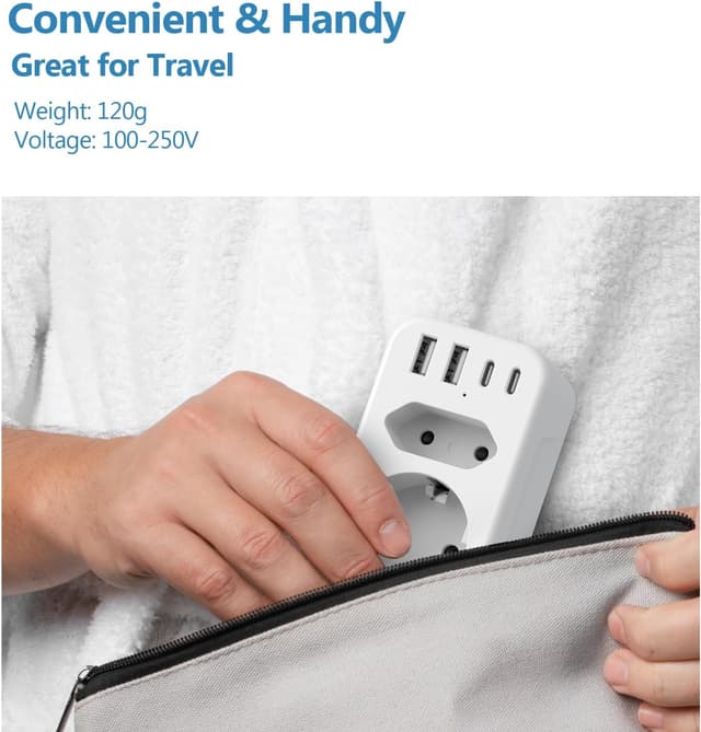 Thumbnail 6 de JSVER Multi-Socket Power Strip 3680W con 1 presa Schuko, 1 presa europea e 4 porte USB (2×USB-A + 2×USB-C), bianco