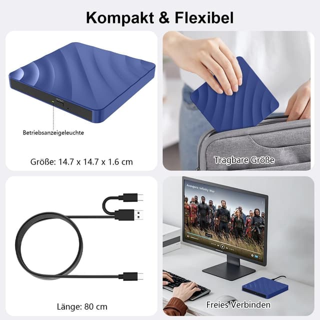Detalle de QDSYLQ externes USB DVD-/CD-Laufwerk (DVD Brenner, CD +/-RW) für Windows und Mac