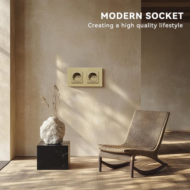 Detalle de BSEED Glas-Steckdose EU-Standard E-Serie (2-fach), 16A/250V – Wandsteckdose mit Kindersicherung, 157 mm in Gold