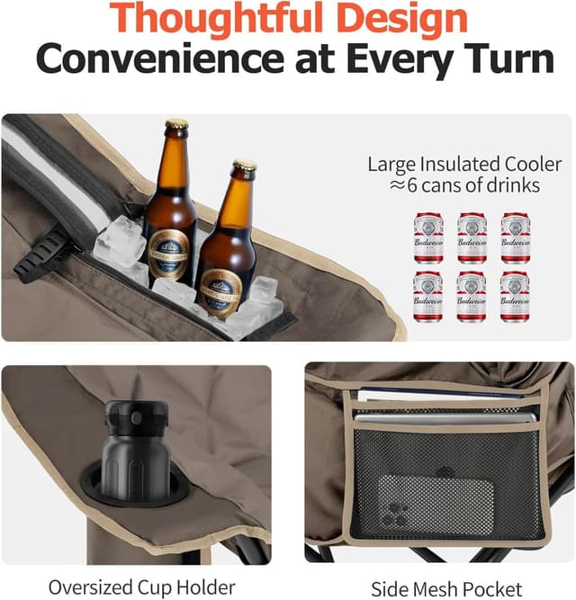 Thumbnail 6 de OVERMONT Übergroßer klappbarer Campingstuhl/Campingsofa (bis 204 kg) mit Polsterung, Getränkehalter & Kühltasche