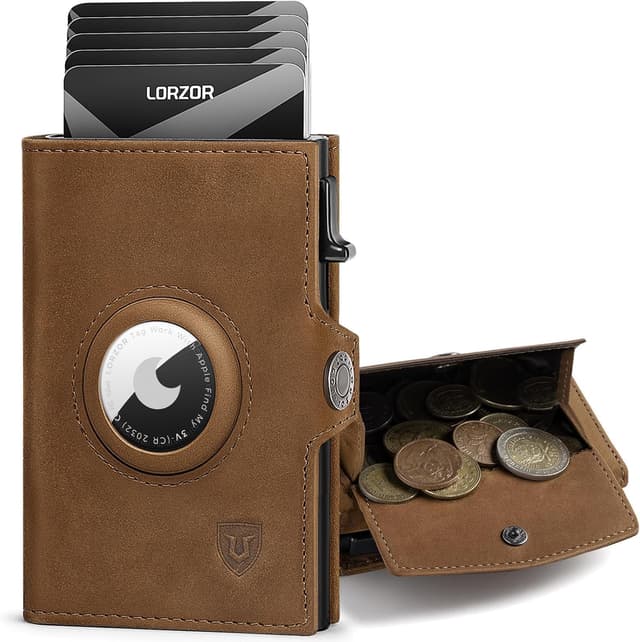 Detalle de LORZOR Airtag Wallet with XXL Coin Pocket – Slim Genuine Leather Card Holder with RFID Blocking