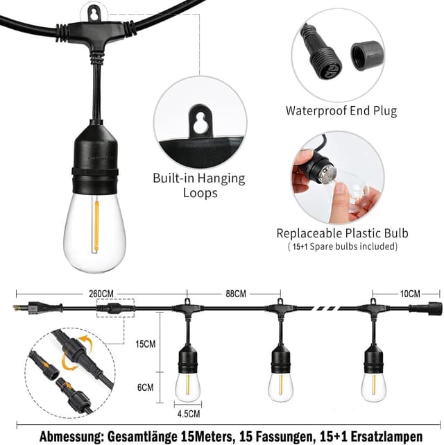 Detalle de 15 m LED-Lichterkette für außen (IP65) mit 15+1 E27-Lampen, 2700K warmweiß – dimmbar & wetterfest
