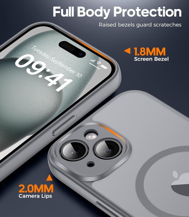 Detalle de FLLAO iPhone 15 case with MagSafe + magnetic fit and 2 tempered glass screen protectors (grey)