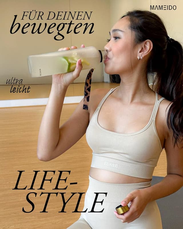 Detalle de MAMEIDO Trinkflasche mit Zeitmarkierung (1,5 l), kohlensäuregeeignet, auslaufsicher, BPA-frei – Ivory Beige Gold