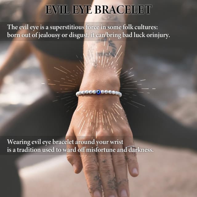 Detalle de Lameybrt Naturstein-Achat Elastisches Evil-Eye-Armband-Set mit Charms, verstellbar (6 mm Achat)