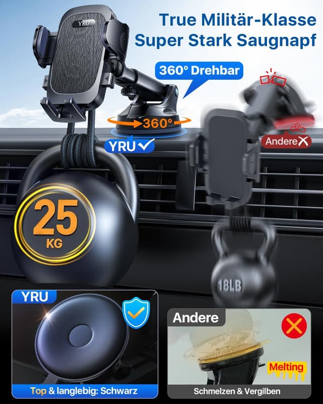 Detalle 2 de YRU Handyhalterung Auto Militär‑Klasse 25 kg Saugnapf