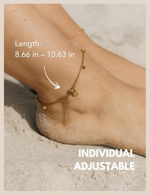 Detalle 2 de GD GOOD.designs Fußkettchen für Damen aus Edelstahl mit wasserfesten Plättchen – Gold, Roségold, Silber oder Schwarz, verstellbar (22–27 cm)