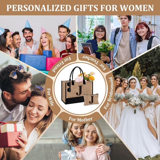 Detalle de Initial Jute Tote Bag & Makeup Bag Set – personalised birthday gift for her (tote + matching pouch)