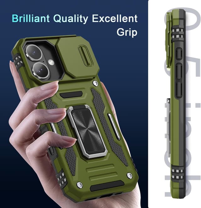 Thumbnail 6 de DEERLAMN iPhone 16 Armor Case with Sliding Camera Cover, Rotating Ring Kickstand + Tempered Glass Screen Protector (2-Pack)