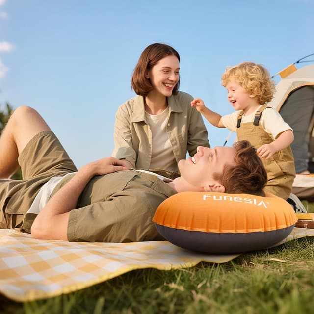 Detalle 2 de Funesla Camping Pillow Inflatable (Compressible, Lightweight) – Backpacking, Hiking & Travel Pillow, Beach-Orange