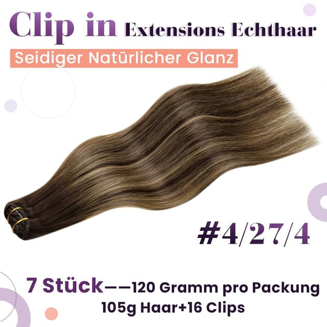 Detalle de LaaVoo Clip-in Echthaar Balayage Extensions (50 cm) Dunkelbraun/Karamellblond, Remy, 7-teilig, 105 g
