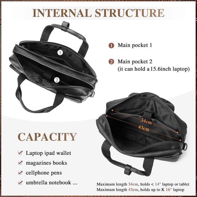 Thumbnail 3 de BAIGIO Sacoche ordinateur 15,6 pouces Cuir Noir