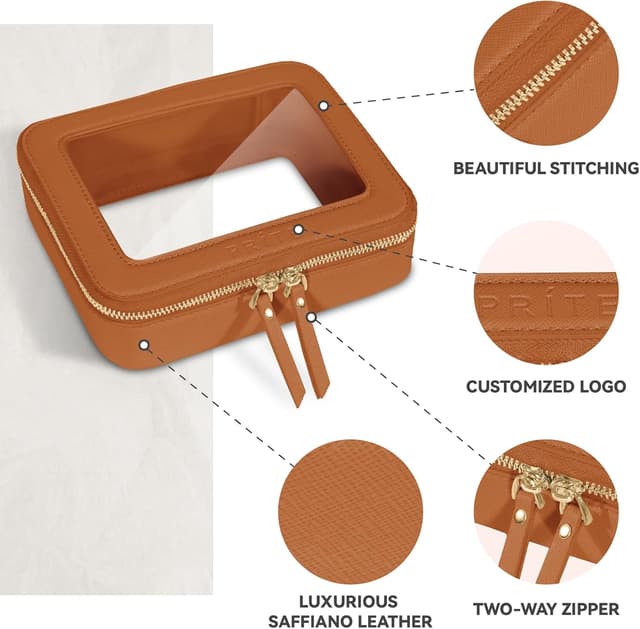 Detalle de Prite clear makeup bag with gift box – waterproof travel toiletry case with double zippers (Brown)