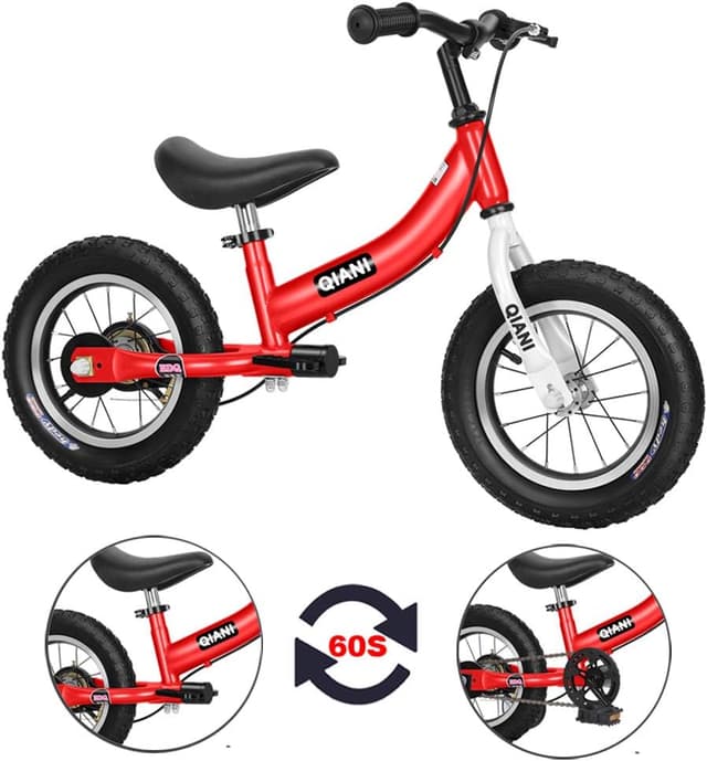Detalle de Qiani bici senza pedali e 2 in 1 per bambini (ruote ausiliarie, freno e cavalletto) 12/14/16 pollici, rosso/blu/rosa