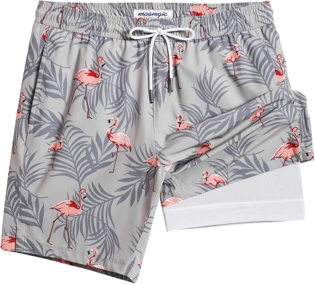 Detalle de MaaMgic 2-in-1 Herren-Badehose mit Kompressions-Innenhose – 4-Wege-Stretch Boardshorts mit Reißverschlusstasche