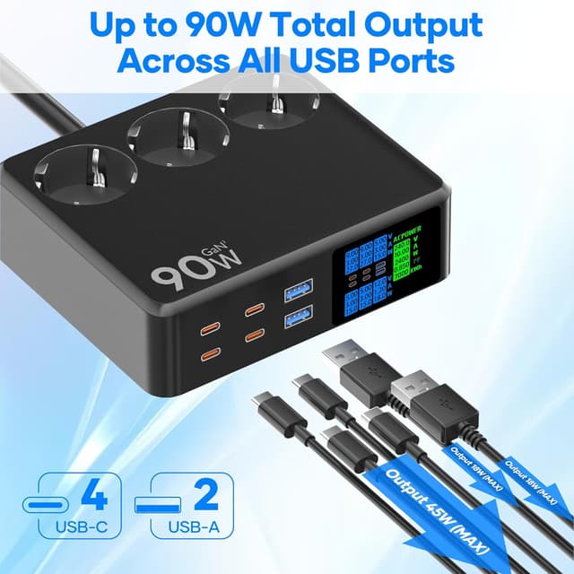 Detalle de CKCN Multiprise avec 6 ports USB-C/USB (90W) et écran LED 1,2 m