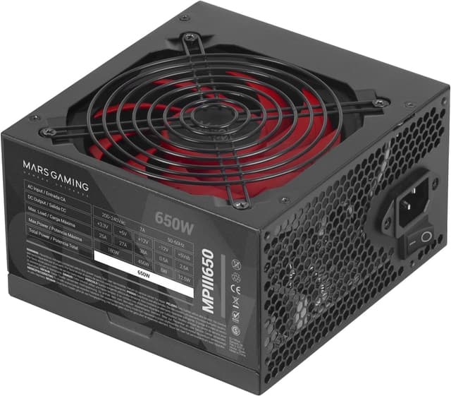 Detalle de Mars Gaming MPIII650 alimentatore PC ATX 650W con garanzia 5 anni, APFC digitale e ventola FDB 120mm