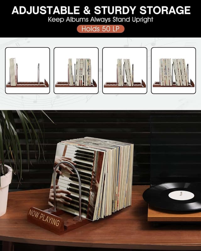 Detalle de BS-VOG Now Playing Vinyl Record Stand (50 LP) – wood spinning record holder with non-slip grooves