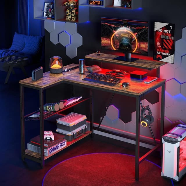 Thumbnail 3 de Bestier Scrivania a Forma di L con prese e luci LED