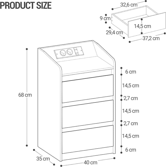 Detalle de Hzuaneri NS40016X table de chevet avec 3 tiroirs, station de charge et LED