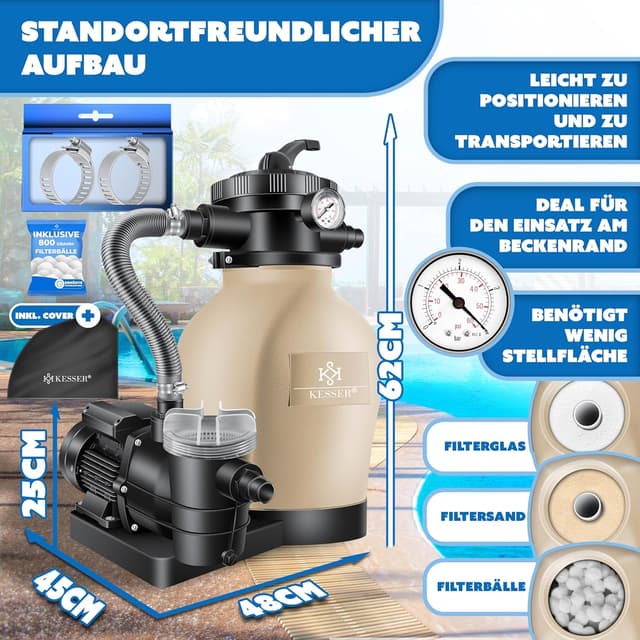 Detalle 2 de KESSER Sandfilteranlage für Pool bis 60.000 L – 10.200 L/h Pumpe, 400 W, 20-L-Tank, 7-Wege-Ventil