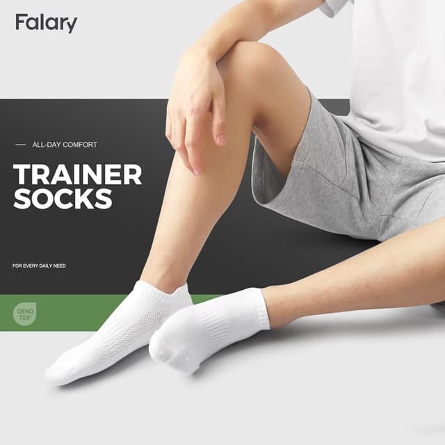 Detalle de FALARY 10 Pairs Trainer Socks (White & Black) – Breathable Cotton Ankle Socks for Running, Sports & Everyday Wear
