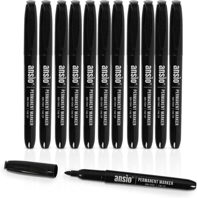 Detalle de ANSIO Permanent Marker Pens (Pack of 12) – Black Fine Tip, Fast-Drying Permanent Ink