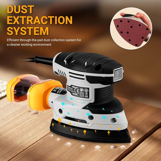 Detalle 2 de DEKOPRO Dreieckschleifer mit Absaugung 13000 RPM, 180 W – Deltaschleifer für Holz, Set mit 15 Schleifpapieren