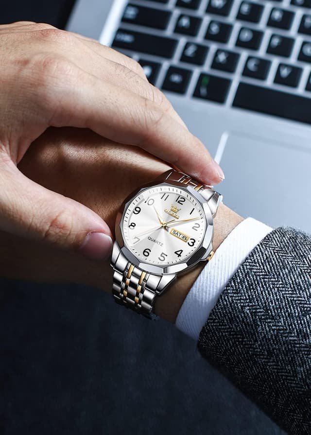 Detalle de OLEVS Business-Kleid Luxus-Herrenuhr Gold/Silber mit Leuchtziffern, Quarzwerk und 30 m Wasserdicht