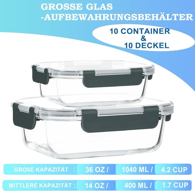 Detalle de KUMD 20er Set (10-Pack) Glas-Vorratsdosen – 5× 1.040 ml & 5× 370 ml aus Borosilikatglas
