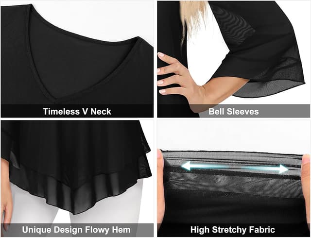 Detalle de Gemulate Ruffle 3/4 Sleeve Chiffon Mesh Tunic Top for Women (V-neck, double-layer)