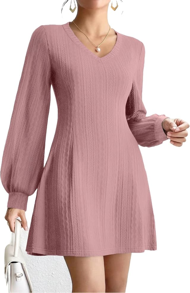 Thumbnail 6 de Zeagoo Women’s Long Sleeve V-Neck Jumper Dress with Lantern Sleeves (Cable Knit Look)