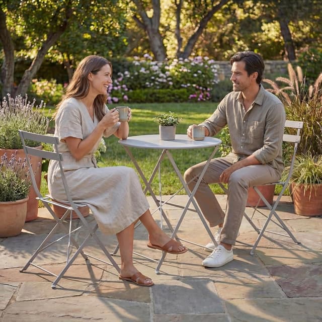 Detalle de Garden Vida Porto 2 Seater Metal Folding 3-piece Bistro Set (Light Grey) for Garden, Patio & Balcony