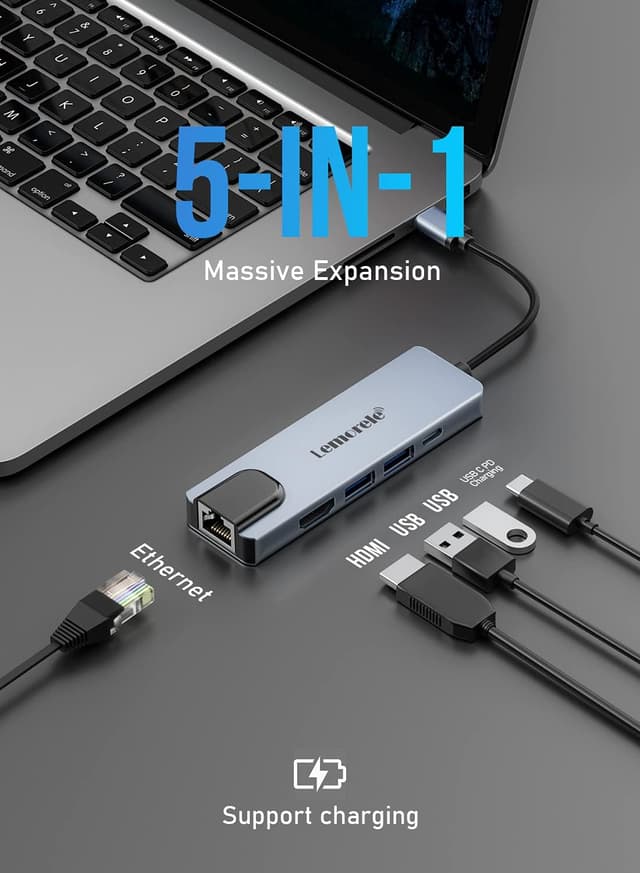 Detalle 2 de Lemorele 6‑in‑1 USB‑C Hub 100W PD, 4K HDMI, Ethernet