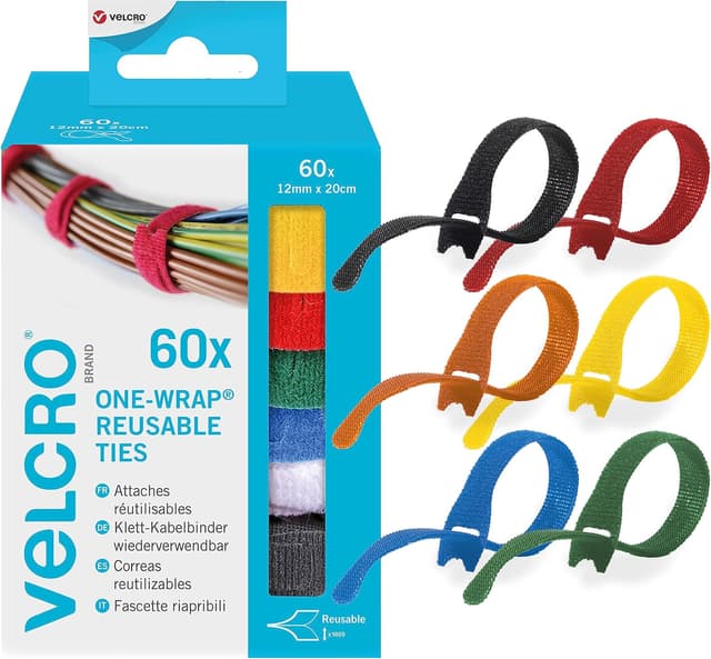 Detalle de VELCRO Brand ONE-WRAP Organiser Hook and Loop Straps (12mm x 20cm) – 60 Pack, Multi-Colour