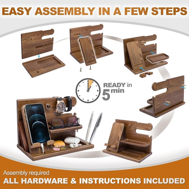 Detalle 2 de Teslyar Gifts for Men Solid Ash Wood Phone Docking Station with Key Holder, Wallet & Watch Stand (Light Brown)