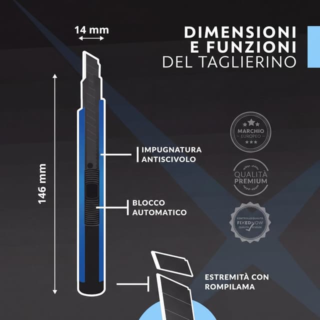 Detalle de FixedNow 5 taglierini professionali da 9 mm con 15 lame di ricambio – mini cutter per tappeti