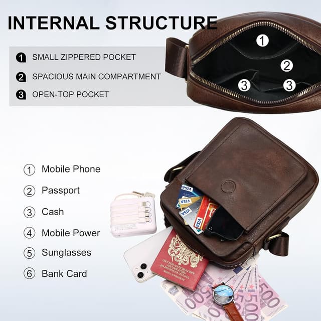 Detalle de Leathario men’s vegan leather shoulder bag – small cross body messenger for work, travel and daily use