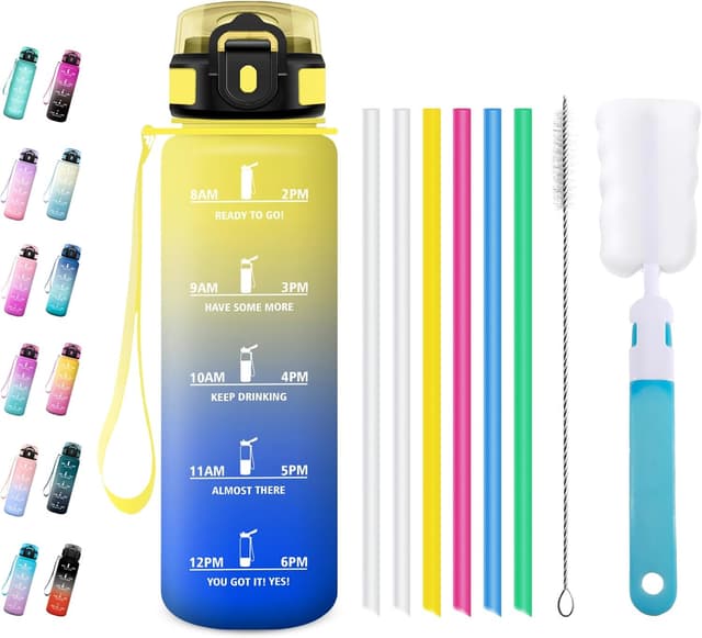 Detalle de JAPORIA Auslaufsichere Trinkflasche 1 l mit Strohhalm, Kohlensäure geeignet & Zeitmarkierung