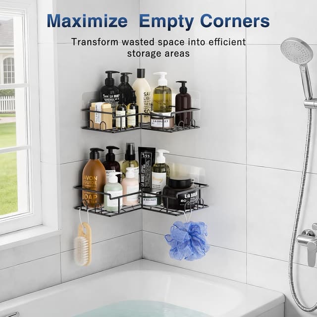 Detalle de Diboniur Mensola doccia angolare senza foratura con 8 ganci e organizer a appendere (2 pezzi) in acciaio inox, nero