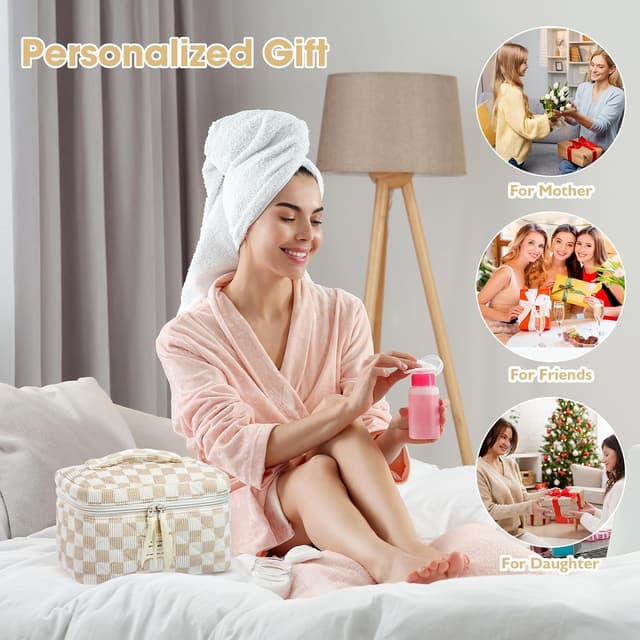 Thumbnail 6 de BuyCard Kosmetiktasche 3er-Set aus Cord (Khaki Check) – Kulturbeutel Damen für Reise & Alltag