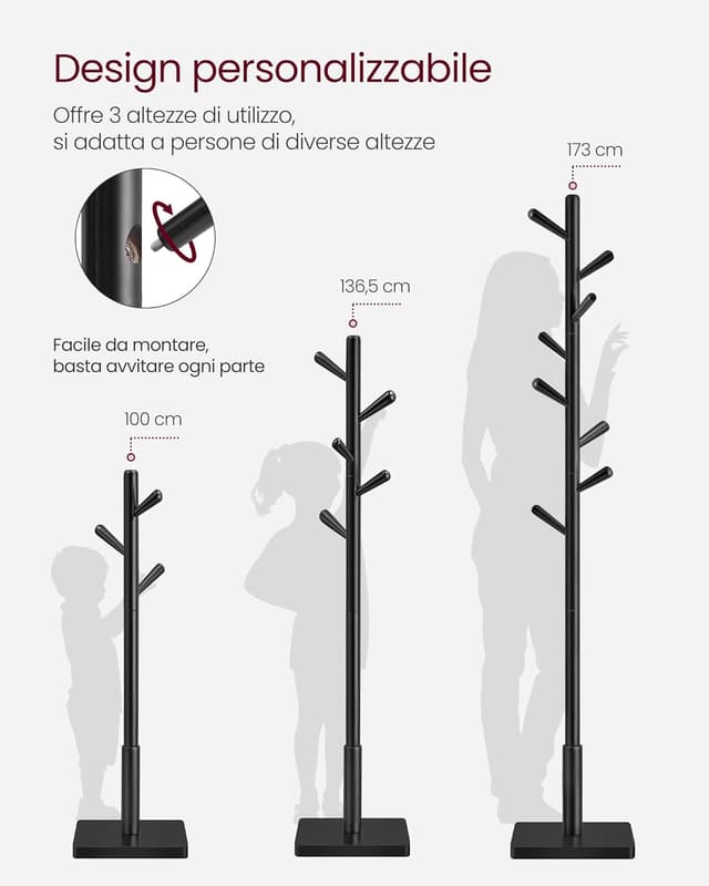 Detalle de VASAGLE RCR010B01 attaccapanni da terra in legno con 8 ganci e palo stabile