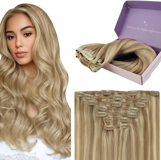 Detalle de Fshine Extensiones Clip Pelo Natural 14 Pulgadas Rubio Ceniza 16P22💇♀