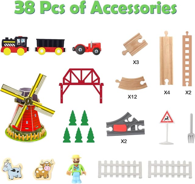 Thumbnail 6 de XIAPIA Wooden Train Set for Toddler (Farm Theme) – 38-piece track set with magnetic and battery train