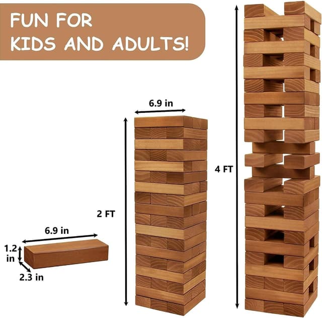 Detalle de Juegoal 54-Piece Giant Tumble Tower Wooden Stacking Game (Brown) with Board & Canvas Bag