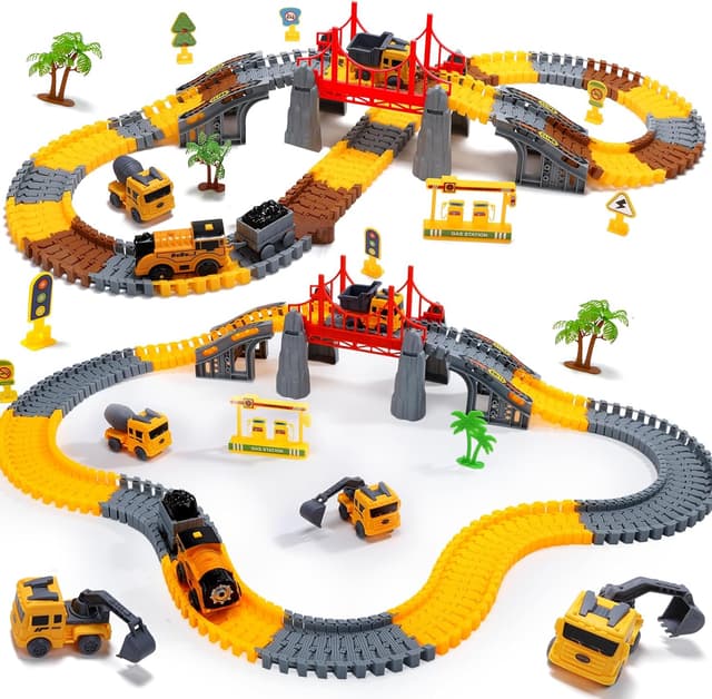 Detalle de EagleStone Konstruktions Rennbahn-Set für Kinder mit 206 Teilen (Flex-Gleise, elektrische Bahn, Baustellenfahrzeuge)