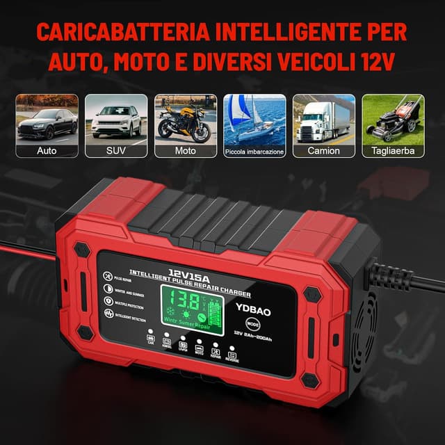 Detalle de YDBAO 15A caricabatteria auto 12V automatico con display LCD e compensazione temperatura