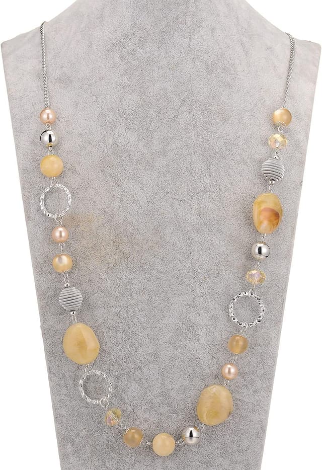 Detalle de Bulinlin Damen Lange Perlenkette Statement Boho – Silberfarbene Metallkette mit Verlängerung für Hochzeitstag & Alltag