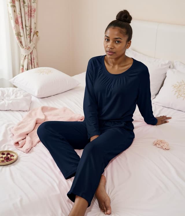 Detalle de Uniexcosm ensemble de pyjama femme hiver en coton à manches longues (col ras du cou)