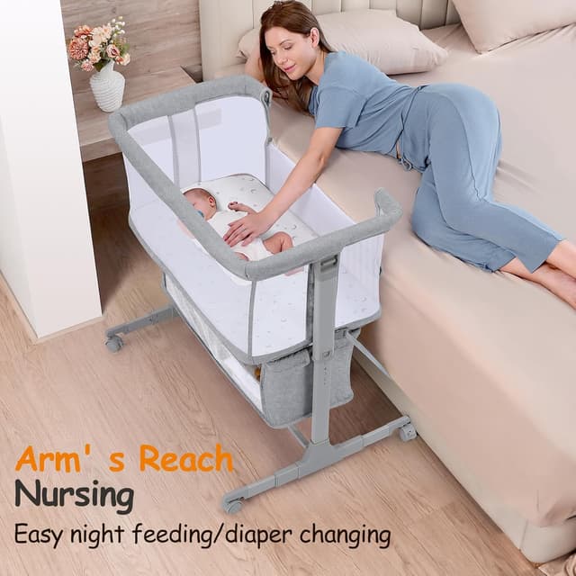 Detalle de Growaystory Beistellbett Baby (Co-Sleeper) mit Rädern, 7-fach höhenverstellbar – Hellgrau